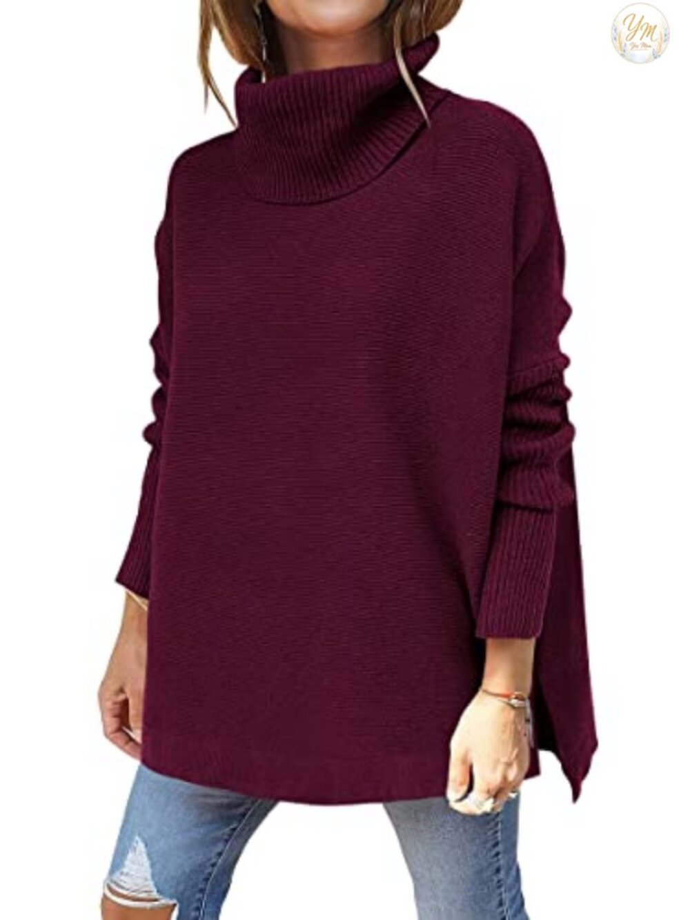 Oversized Turtleneck Sweater Batwing Sleeve High Low Hem Pullover
